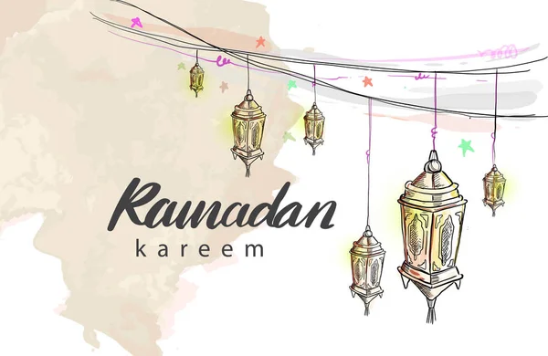 Cartaz Férias Ramadan Desenhado Mão Com Manchas Aquarela Fundo Branco — Vetor de Stock
