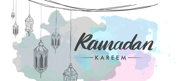 Cartaz Férias Ramadan Desenhado Mão Com Manchas Aquarela Fundo Branco — Vetor de Stock