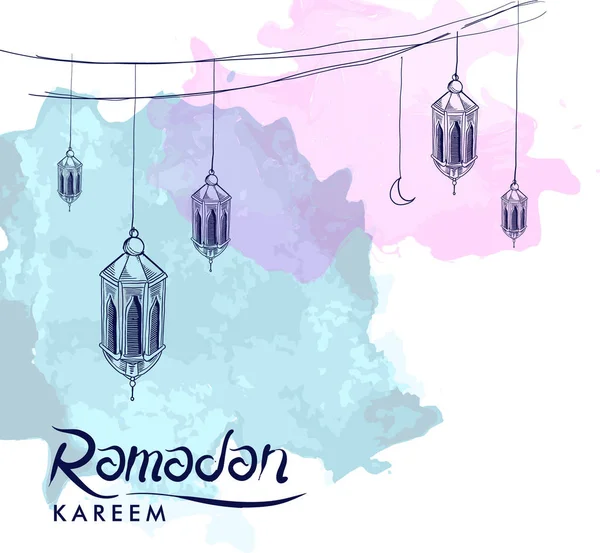 Cartaz Férias Ramadan Desenhado Mão Com Manchas Aquarela Fundo Branco — Vetor de Stock