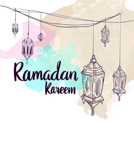 Cartaz Férias Ramadan Desenhado Mão Com Manchas Aquarela Fundo Branco — Vetor de Stock