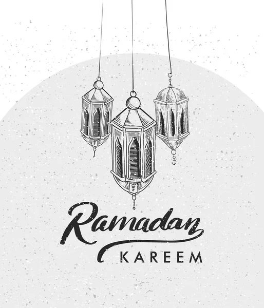 Cartaz Férias Ramadan Desenhado Mão Sobre Fundo Cinza Claro — Vetor de Stock