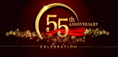 55th gold anniversary celebration logo on red background, vector illustration clipart