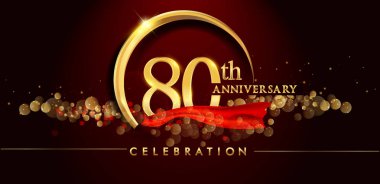 80th gold anniversary celebration logo on red background, vector illustration clipart