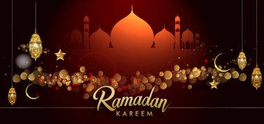Ramazan tasarım şablonu, ramazan kareem metin altın elemanları, vektör çizim ile kırmızı zemin üzerine