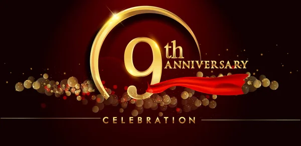 9Th Gold Anniversary Celebration Logo Red Background Vector Illustration — Stock Vector