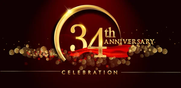 Logo Celebración Del Aniversario Oro Sobre Fondo Rojo Ilustración Vectorial — Vector de stock