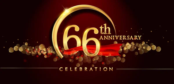 66Esimo Anniversario Oro Logo Celebrazione Sfondo Rosso Illustrazione Vettoriale — Vettoriale Stock