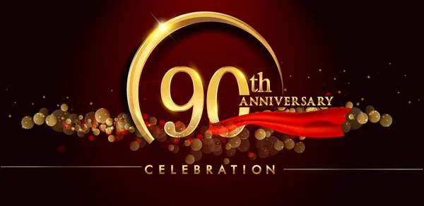 90Th Logotipo Celebração Aniversário Ouro Fundo Vermelho Ilustração Vetorial — Vetor de Stock