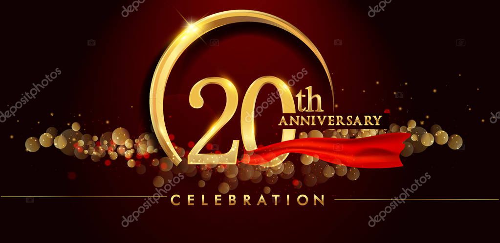 20th gold anniversary celebration logo on red background, vector illustration
