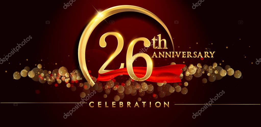 26th gold anniversary celebration logo on red background, vector illustration