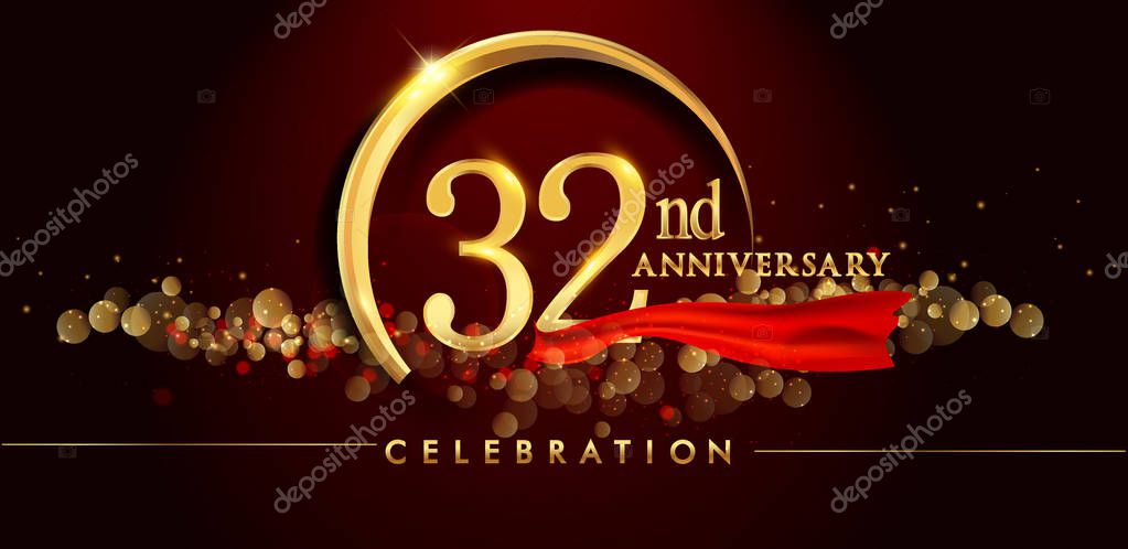 32nd gold anniversary celebration logo on red background, vector illustration