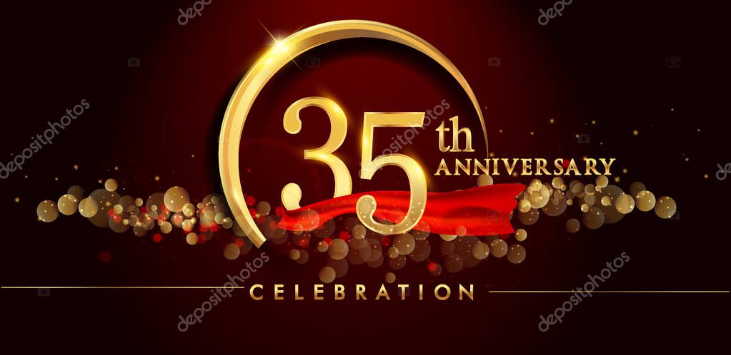 35th gold anniversary celebration logo on red background, vector illustration