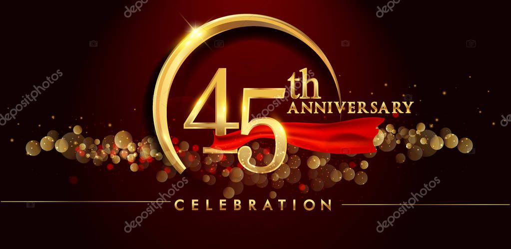 45th gold anniversary celebration logo on red background, vector illustration