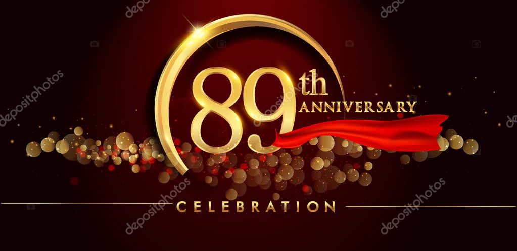 89th gold anniversary celebration logo on red background, vector illustration