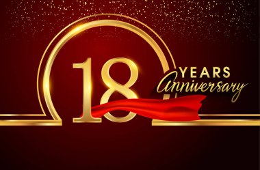 18 yıl yıldönümü kutlama logo. Konfeti, altın yüzük ve vektör tasarımı tebrik veya davetiye kartı için koyu kırmızı arka plan üzerinde kırmızı kurdele ile logo.