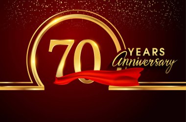 70 yıl yıldönümü kutlama logo. Konfeti, altın yüzük ve vektör tasarımı tebrik veya davetiye kartı için koyu kırmızı arka plan üzerinde kırmızı kurdele ile logo.