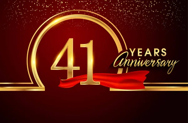 Logotipo Celebración Años Logotipo Con Confeti Anillo Dorado Cinta Roja — Vector de stock