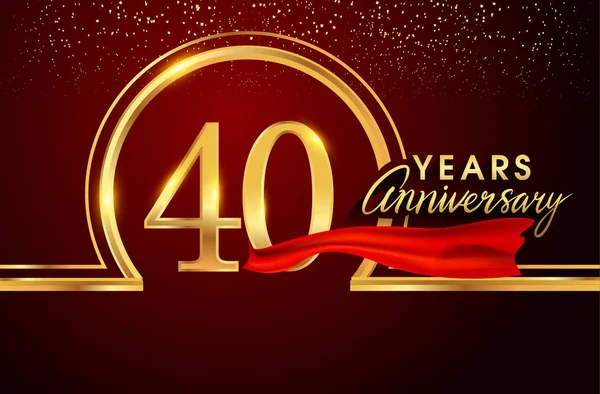 40 yıl yıldönümü kutlama logo. Konfeti, altın yüzük ve vektör tasarımı tebrik veya davetiye kartı için koyu kırmızı arka plan üzerinde kırmızı kurdele ile logo.