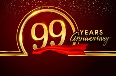 99 yıl yıldönümü kutlama logo. Konfeti, altın yüzük ve vektör tasarımı tebrik veya davetiye kartı için koyu kırmızı arka plan üzerinde kırmızı kurdele ile logo.