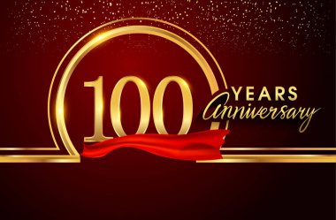 100 yıl yıldönümü kutlama logo. Konfeti, altın yüzük ve vektör tasarımı tebrik veya davetiye kartı için koyu kırmızı arka plan üzerinde kırmızı kurdele ile logo.
