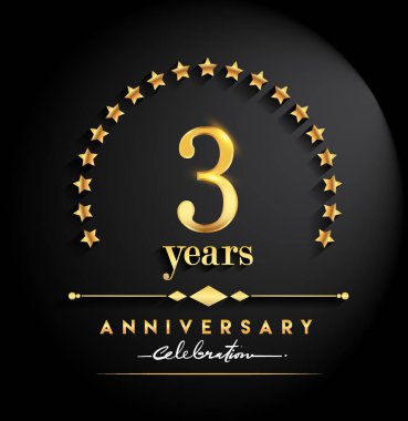  3 yıl yıldönümü kutlamaları. Yıldönümü yıldız ve zarif altın rengi siyah arka plan, kutlama, davetiye ve tebrik kartı için vektör tasarımı üzerine izole logolu