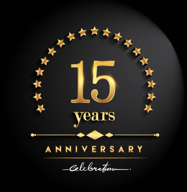 15 yıl yıldönümü kutlamaları. Yıldönümü yıldız ve zarif altın rengi siyah arka plan, kutlama, davetiye ve tebrik kartı için vektör tasarımı üzerine izole logolu
