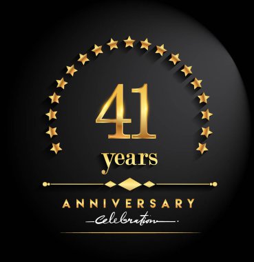 41 yıl yıldönümü kutlamaları. Yıldönümü yıldız ve zarif altın rengi siyah arka plan, kutlama, davetiye ve tebrik kartı için vektör tasarımı üzerine izole logolu