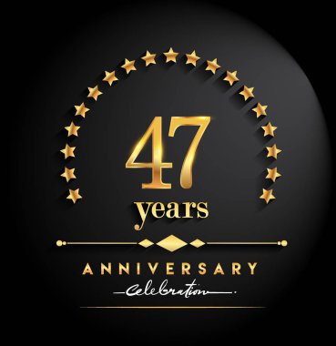 47 yıl yıldönümü kutlamaları. Yıldönümü yıldız ve zarif altın rengi siyah arka plan, kutlama, davetiye ve tebrik kartı için vektör tasarımı üzerine izole logolu