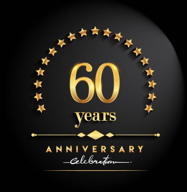 60 yıl yıldönümü kutlamaları. Yıldönümü yıldız ve zarif altın rengi siyah arka plan, kutlama, davetiye ve tebrik kartı için vektör tasarımı üzerine izole logolu