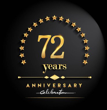 72 yıl yıldönümü kutlamaları. Yıldönümü yıldız ve zarif altın rengi siyah arka plan, kutlama, davetiye ve tebrik kartı için vektör tasarımı üzerine izole logolu