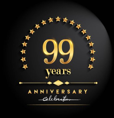 99 yıl yıldönümü kutlamaları. Yıldönümü yıldız ve zarif altın rengi siyah arka plan, kutlama, davetiye ve tebrik kartı için vektör tasarımı üzerine izole logolu