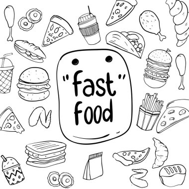 Elle çizilmiş kroki yazı ile fast food. Küme, vektör çizim doodle.