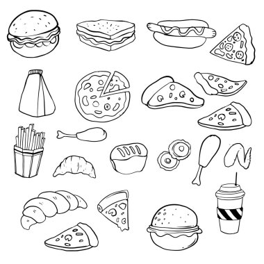 Elle çizilmiş kroki fast food. Küme, vektör çizim doodle.