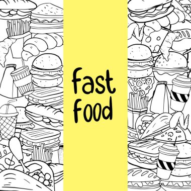Elle çizilmiş kroki yazı ile fast food. Küme, vektör çizim doodle.