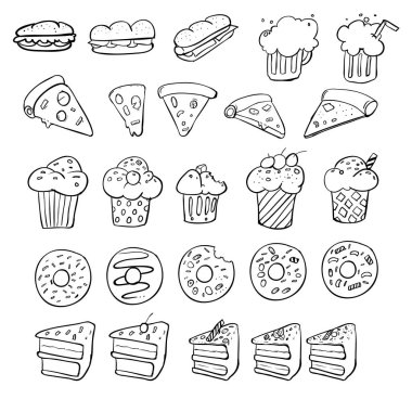 Elle çizilmiş kroki fast food. Küme, vektör çizim doodle.