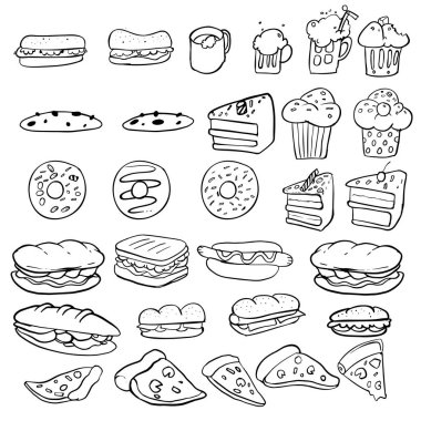 Elle çizilmiş kroki fast food. Küme, vektör çizim doodle.