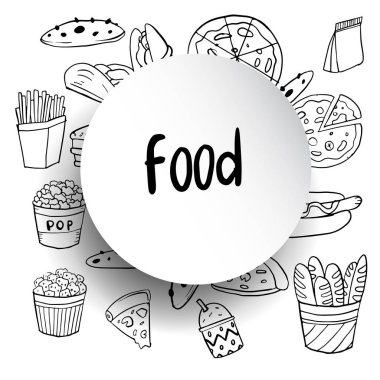 Elle çizilmiş kroki yazı ile fast food. Küme, vektör çizim doodle.