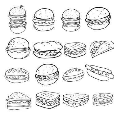 Elle çizilmiş kroki yazı ile fast food. Küme, vektör çizim doodle.