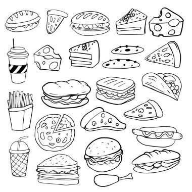 Elle çizilmiş kroki fast food. Küme, vektör çizim doodle.