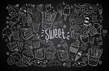 El çizilmiş kroki yazı ile tatlı yiyecek. Küme, vektör çizim doodle.