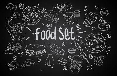 Elle çizilmiş kroki yazı ile fast food. Küme, vektör çizim doodle.