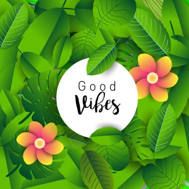 İyi hisler. Tropik bitkiler ve elle çizilmiş yazı yaprakları ile modaya uygun afiş.