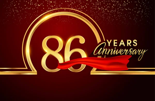 Years Anniversary Celebration Logotype Logo Confetti Golden Ring Red Ribbon — Stock Vector