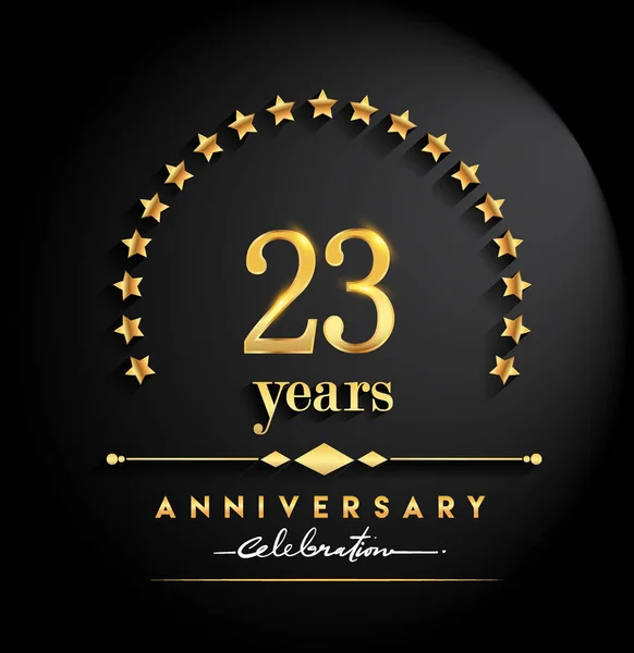 23 years anniversary celebration. Anniversary logo with stars and elegant golden color isolated on black background, vector design for celebration, invitation card, and greeting card