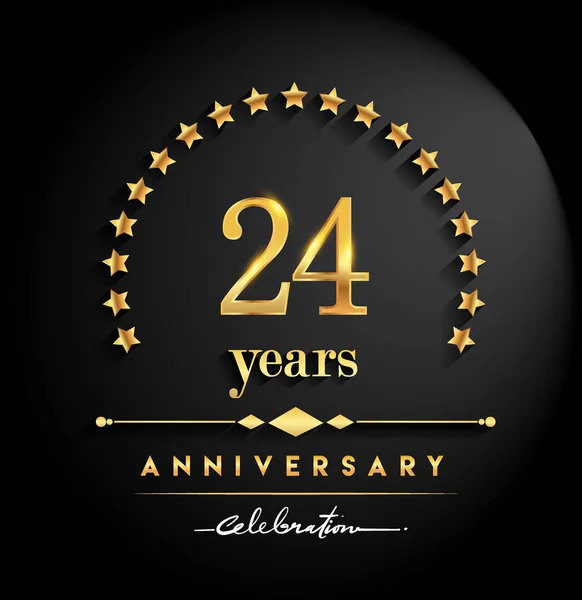 24 years anniversary celebration. Anniversary logo with stars and elegant golden color isolated on black background, vector design for celebration, invitation card, and greeting card