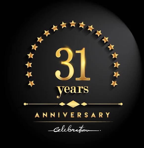 31years anniversary celebration. Anniversary logo with stars and elegant golden color isolated on black background, vector design for celebration, invitation card, and greeting card