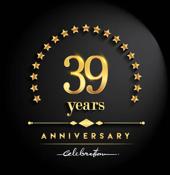 年周年記念式典 星と黒い背景 グリーティング カード 招待状 お祝いのためベクトル設計と分離されたエレガントな黄金色と周年記念ロゴ — ストックベクタ