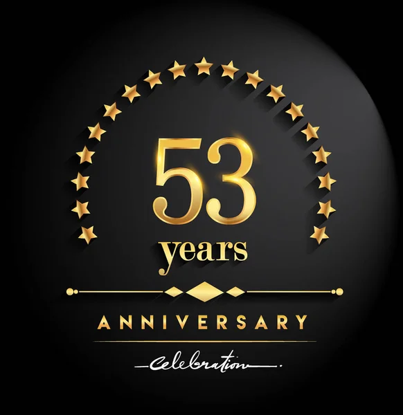 53 years anniversary celebration. Anniversary logo with stars and elegant golden color isolated on black background, vector design for celebration, invitation card, and greeting card