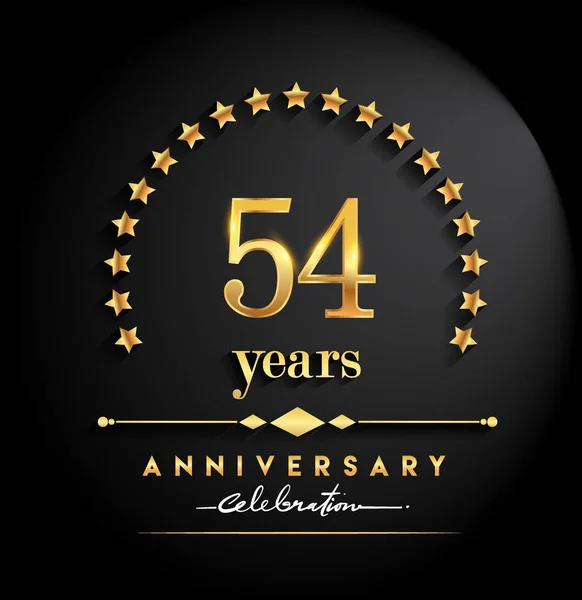 54 years anniversary celebration. Anniversary logo with stars and elegant golden color isolated on black background, vector design for celebration, invitation card, and greeting card