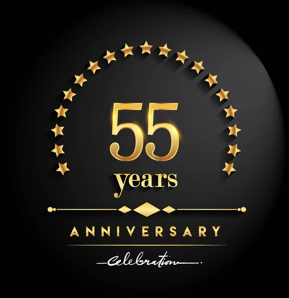 年周年記念式典 星と黒い背景 グリーティング カード 招待状 お祝いのためベクトル設計と分離されたエレガントな黄金色と周年記念ロゴ — ストックベクタ